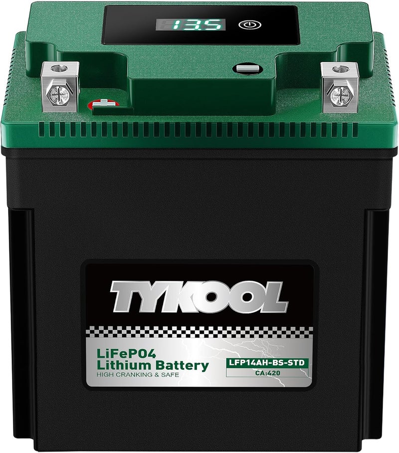 TYKOOL YTX14AH-BS-STD, LiFePO4 Lithium Motorcycle Battery,12.8V 7Ah,420CCA,5X Longer Life,Digital Readout, Powersports Battery,Fits for ATV, UTV, Snow mobile,Polarity:[+ -] - Image 1